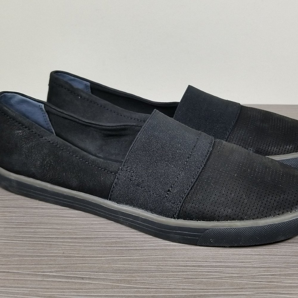 Franco Sarto Theresa Slip-on Flat, Black Leather & Fabric, Womens Size 8 M / 38